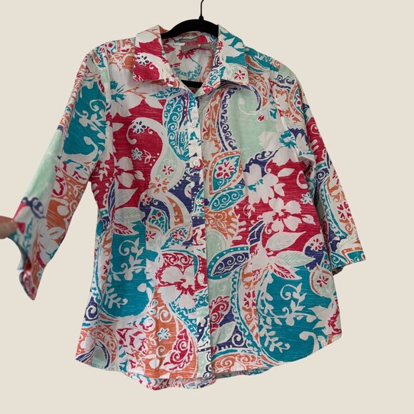 Chico's Wrinkle Resistant Non Iron Button Vibrant Shirt 3/4 Sleeve Size L (2) - Picture 1 of 8